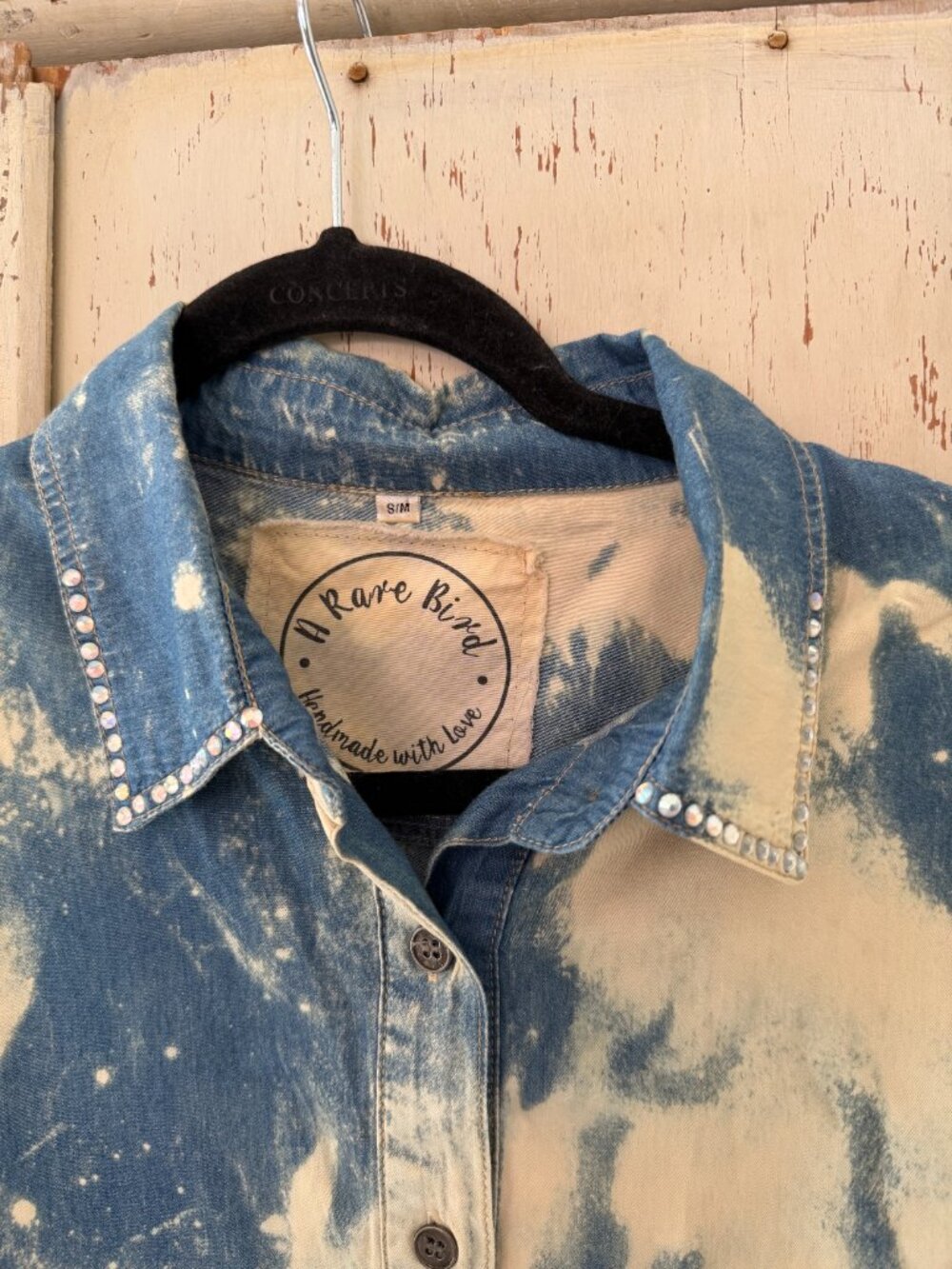 A RARE BIRD BLEACH OUT PATCH BACK RHINESTONE TRIM DENIM SHIRT - Picture 11 of 12